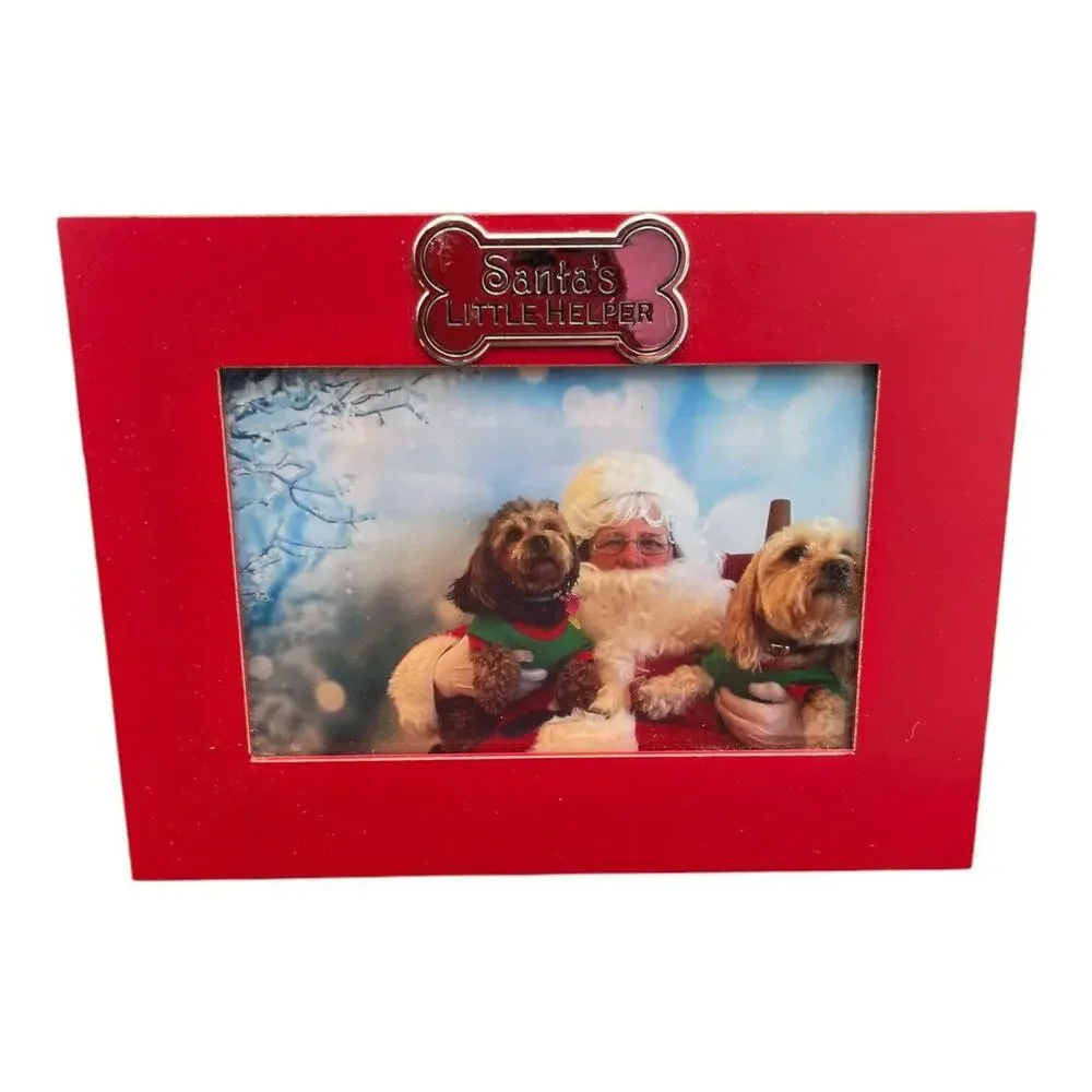 Santa’s‎ Little Helper - Red 4x6 Picture Frame With Silver Decorative Bone. EUC
